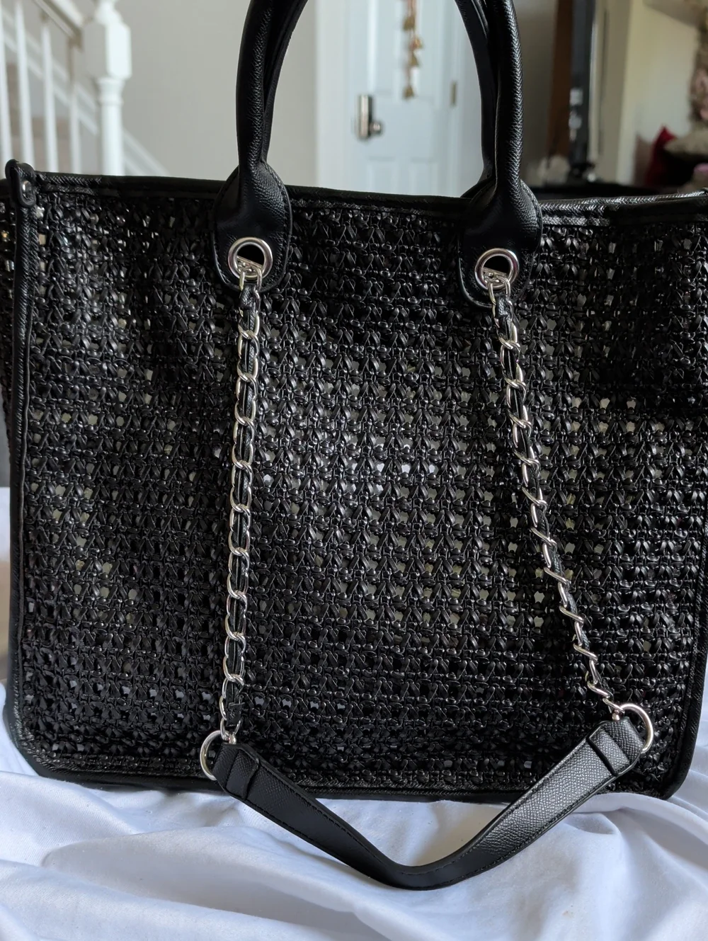 Black Woven Tote with Silver Chain Straps